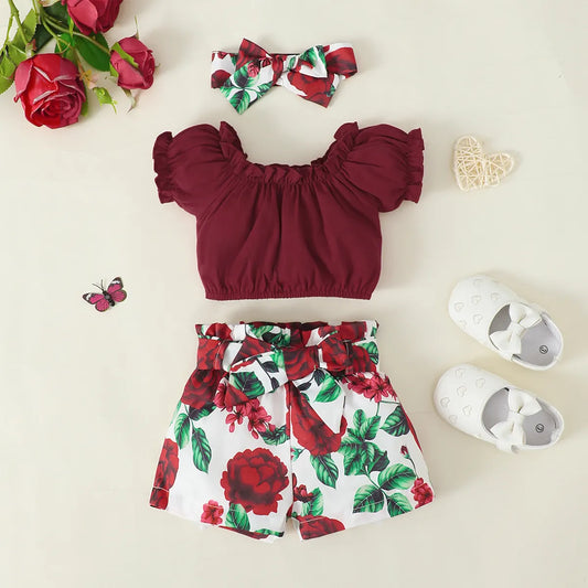 New born baby girl summer solid color round-necked short-sleeved jacket flower print shorts fashion 4-piece set