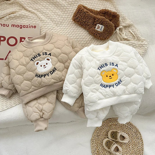 Winter Baby Baby Boys And Girls Cotton Suit Set Children's Casual Loose Cartoon Embroidery Bear Thickened Baby Clothes
