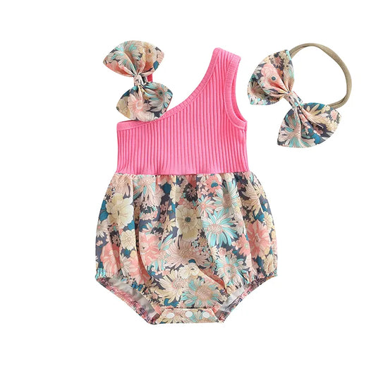 Newborn Infant Baby Girl Princess Rompers Floral Print One Shoulder Bow Jumpsuit Headband Sunsuit Baby Summer Clothing 0-18M