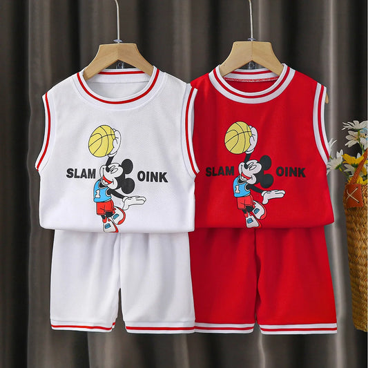 Mickey Vest Basketball Sports Suit Summer Children Clothes Baby Boys Tracksuit Cartoon Fashion Kids Sleeveless Shorts Two-piece
