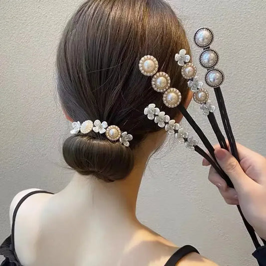 Korean Lazy Hair Curler Styling Accessories Women's Elegant Pearl Flower Hairpin Bun Maker Hair Twister Hairgrip Braiding Tools