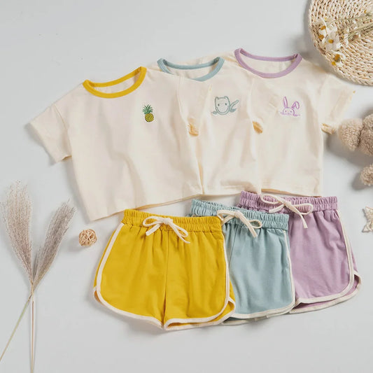 Summer Casual Baby Clothing Suits Embroidery Short Sleeve T-shirt+Sports Shorts 2pcs Children Clothes Boys Girls Outfits