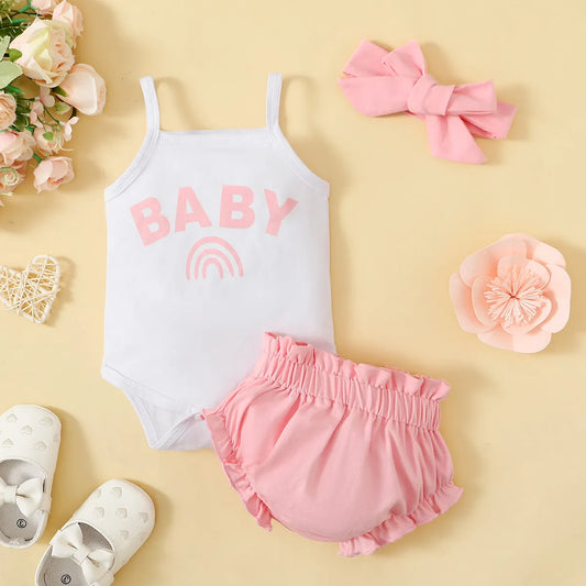 New born Baby girl summer white halter print triangle harnesses with pink shorts cute suit